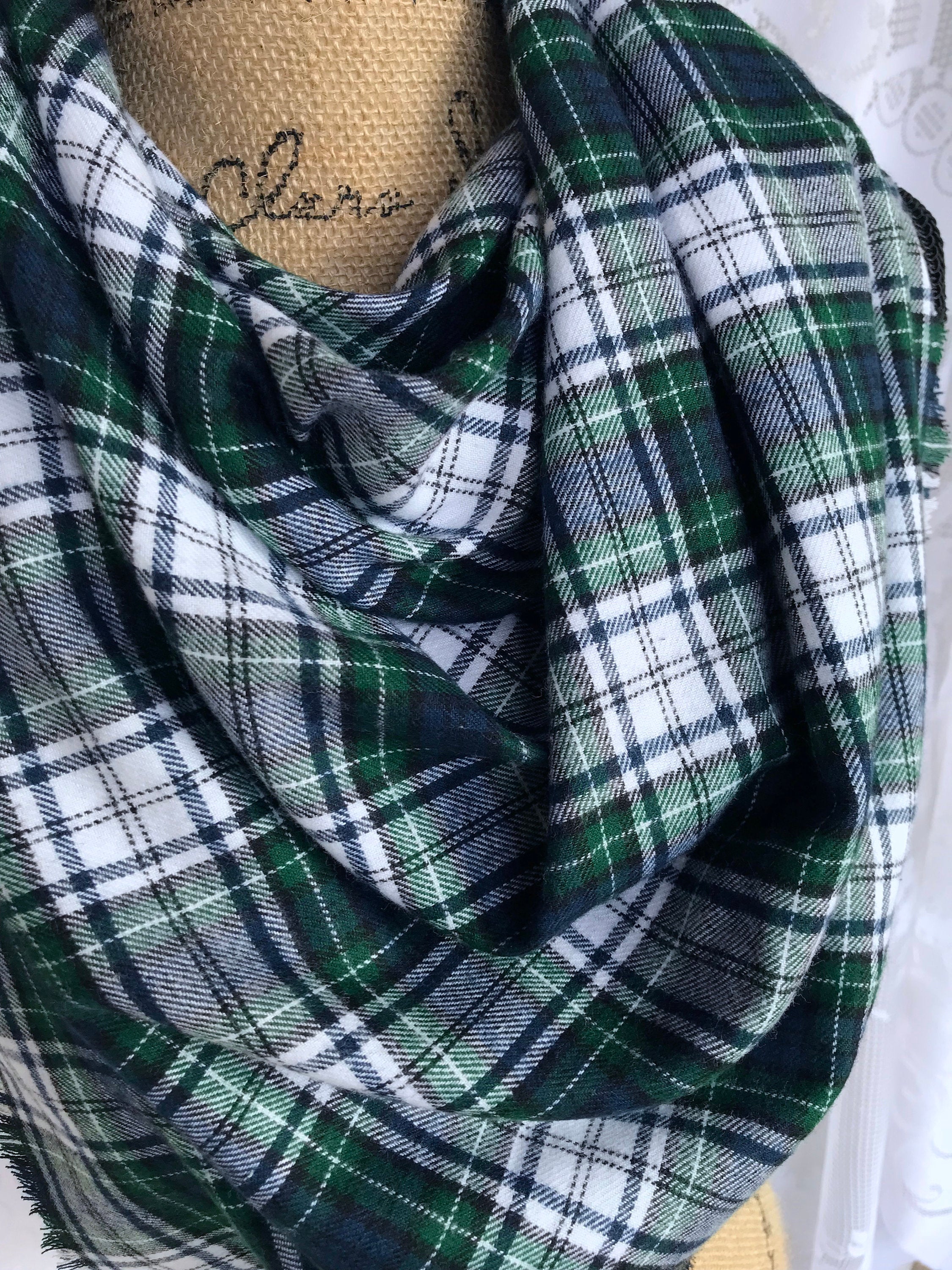 Tartan in Forest Green, Navy Blue, and White Flannel Plaid Infinity or Blanket Scarf Classic Tartan Wrap Shawl Cowl
