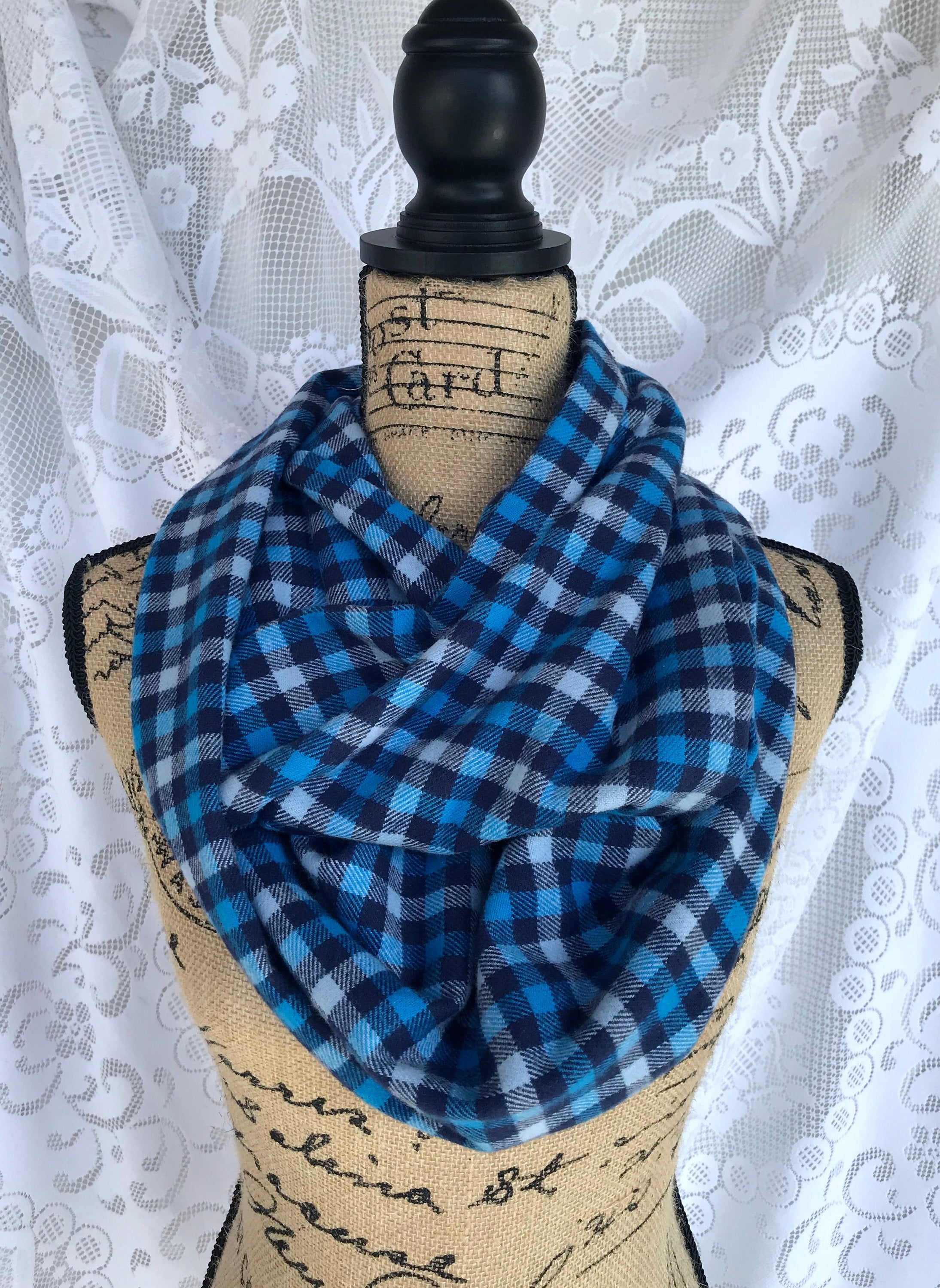 Navy Blue and Light Blue Flannel Plaid Infinity or Blanket Scarf Small Check Plaid Tartan Cowl Wrap