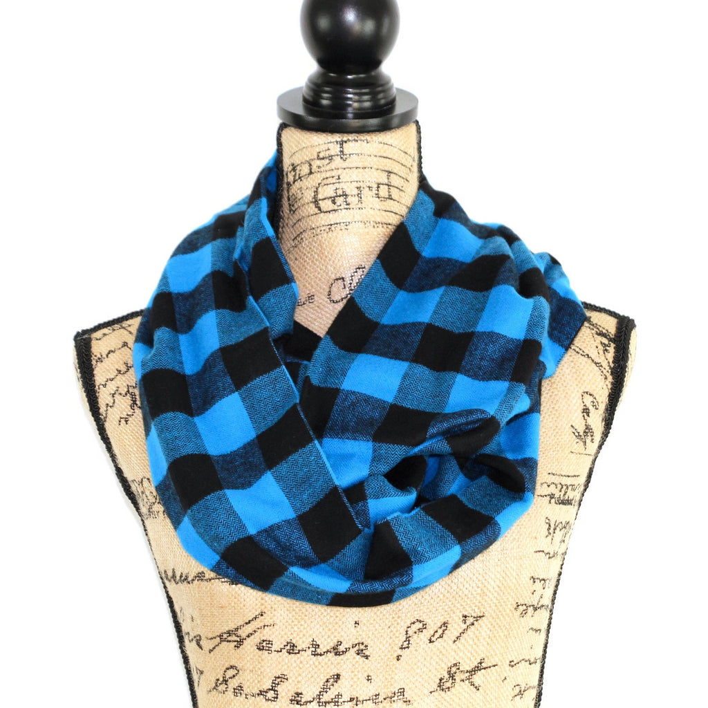 Blue and Black Buffalo Plaid Lightweight Flannel Plaid Infinity or Blanket Scarf