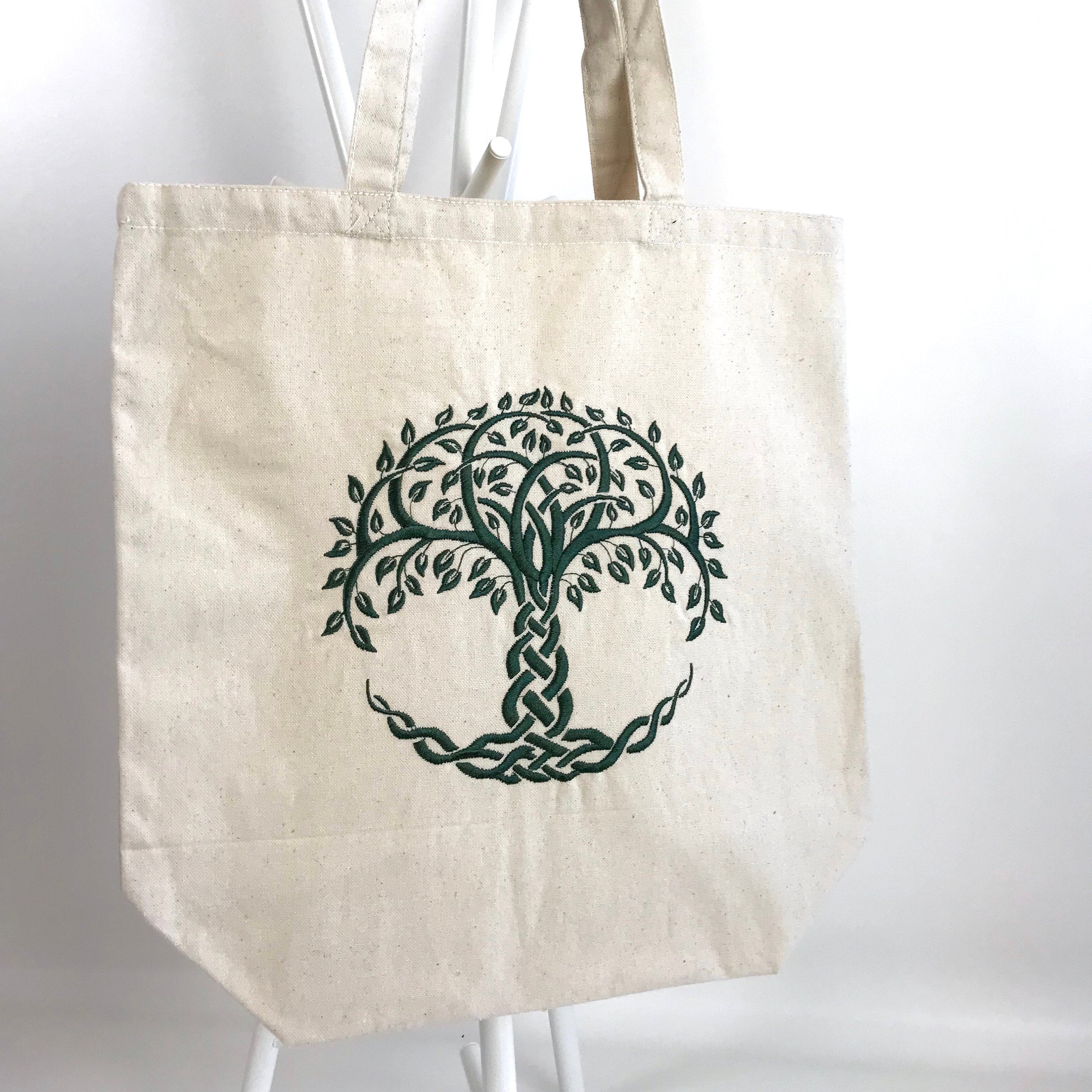 Celtic Knot Tree of Life Embroidered Heavy Canvas Tote Bag Gusseted Gr Thistle Stitch