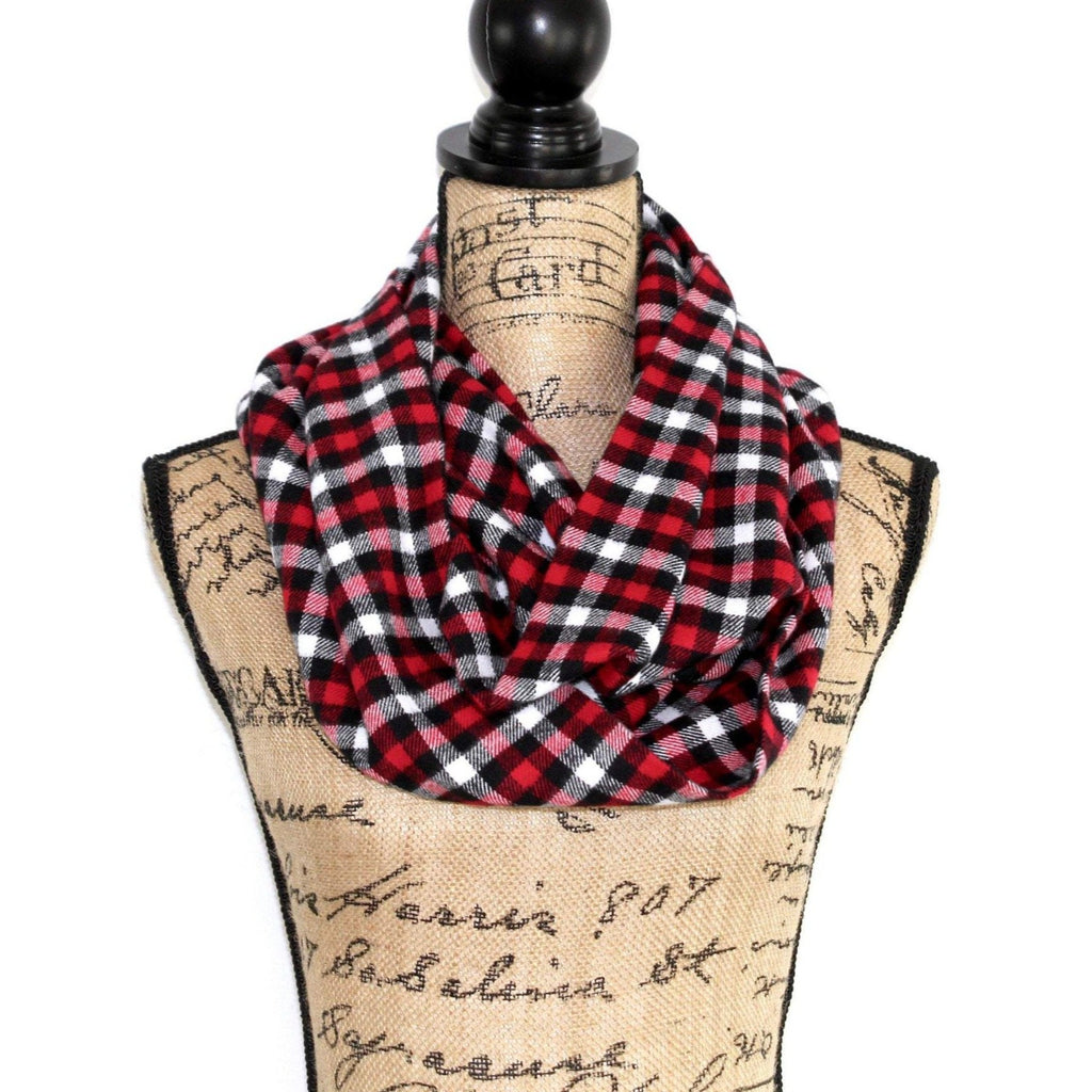 Red, White, Black, and Gray Small Check Plaid Flannel Infinity Scarf Tartan Wrap Buffalo Gingham Shawl