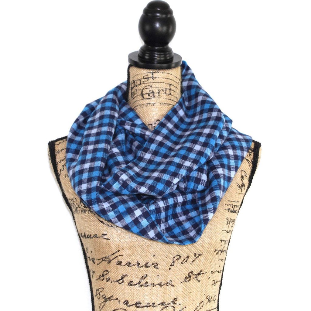 Navy Blue and Light Blue Flannel Plaid Infinity or Blanket Scarf Small Check Plaid Tartan Cowl Wrap