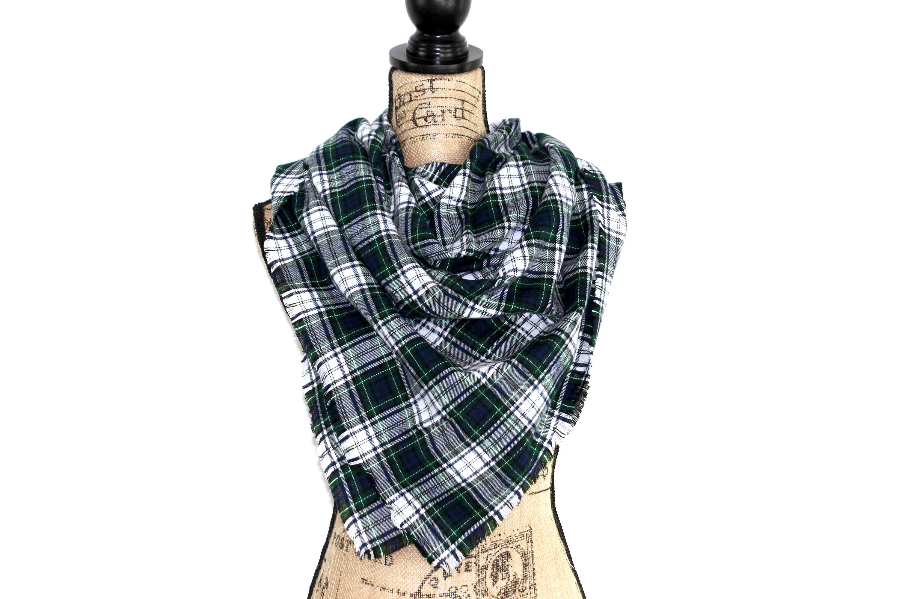 Tartan in Forest Green, Navy Blue, and White Flannel Plaid Infinity or Blanket Scarf Classic Tartan Wrap Shawl Cowl