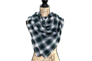 Tartan in Forest Green, Navy Blue, and White Flannel Plaid Infinity or Blanket Scarf Classic Tartan Wrap Shawl Cowl