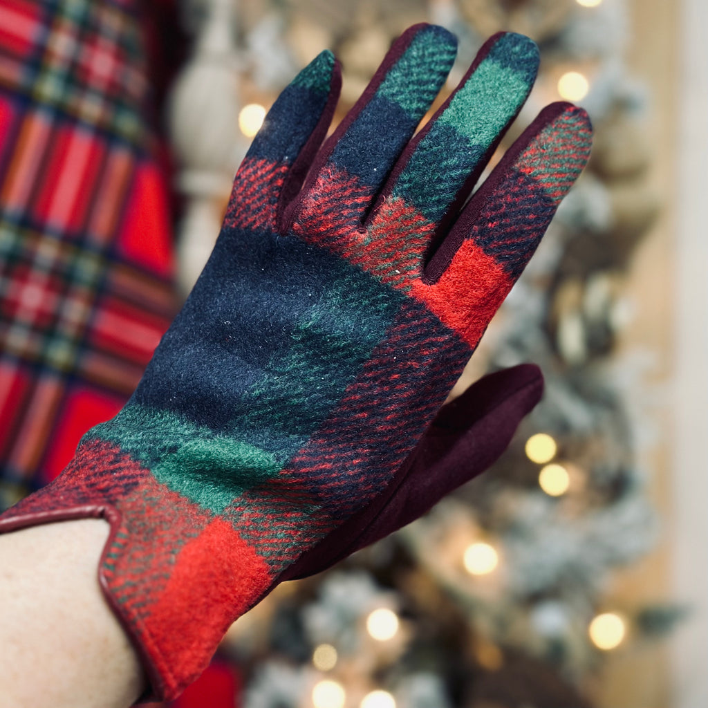 Red, Navy Blue, and Green Plaid Touchscreen Gloves