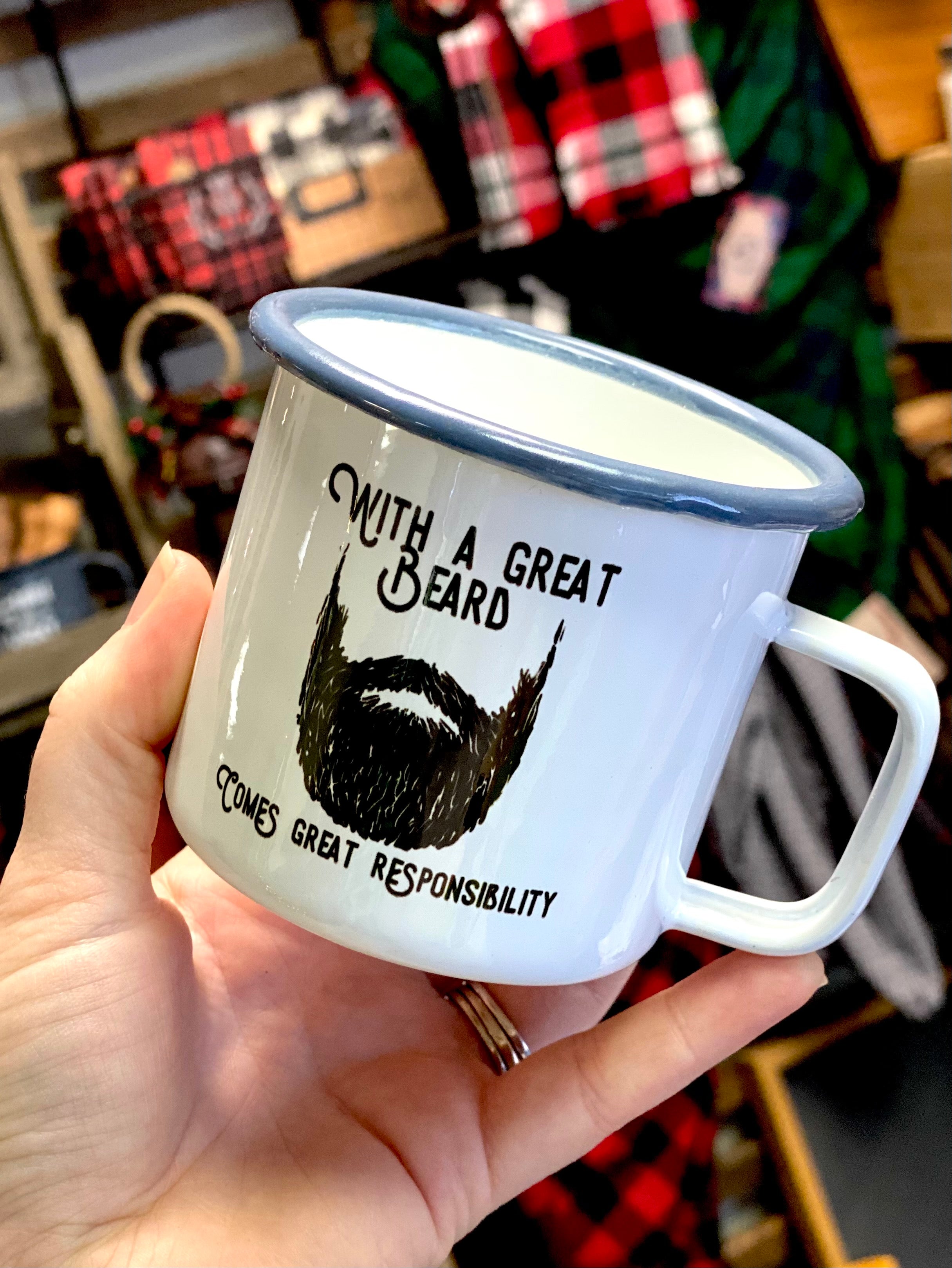 With a Great Beard Comes Great Responsibility Weathered Enamel Campfire Mug