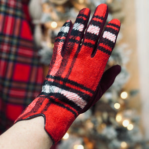 Red, Black, White Tartan Plaid Touchscreen Gloves