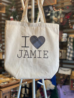 Outlander I Love Jamie Machine Embroidered Plaid Heart Applique Heavy Canvas Tote Bag Gusseted Grocery Sack