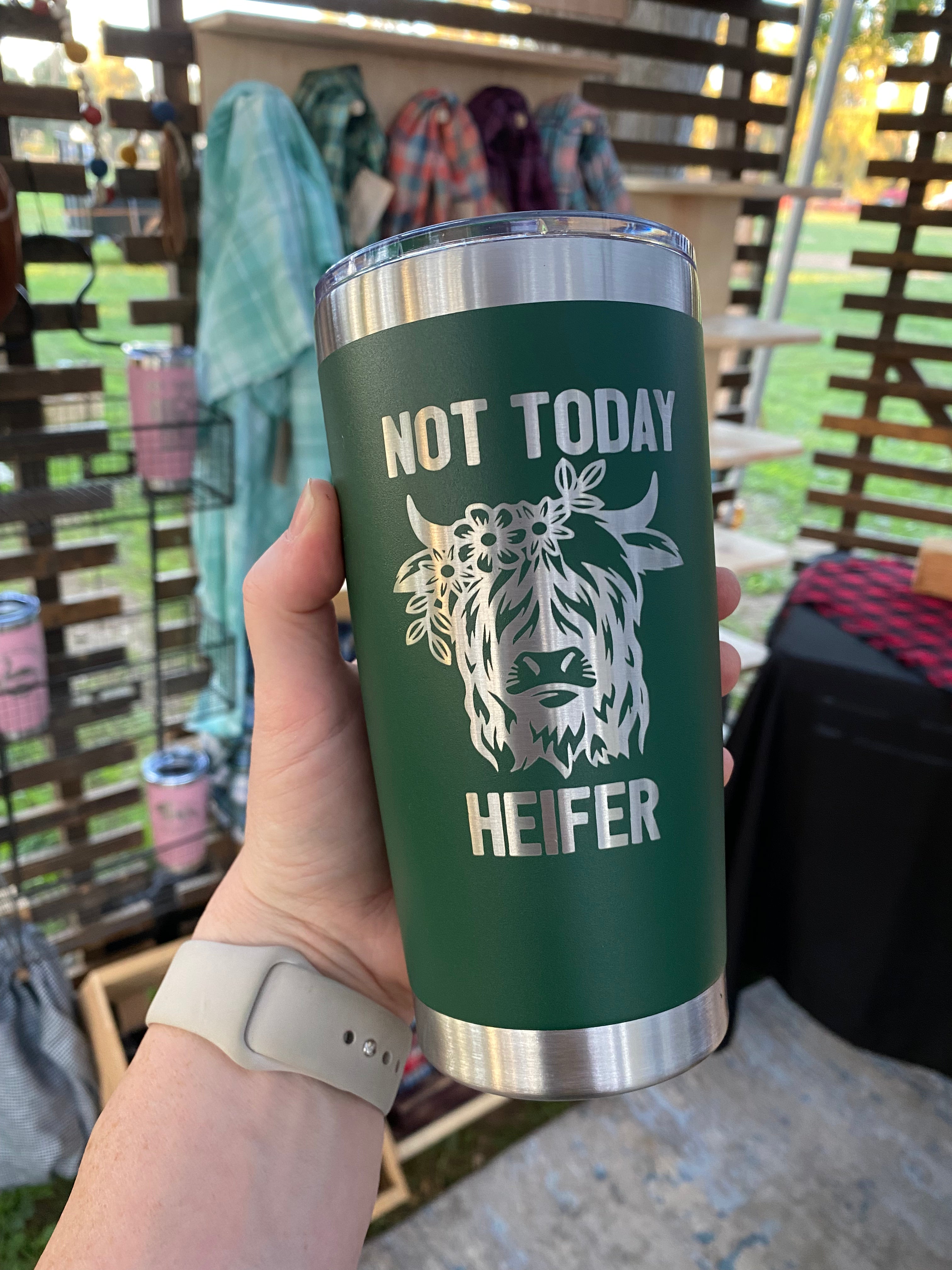 Not Today Heifer Highland Cow Laser Engraved Powder Coated 20oz Double Walled Insulated Tumbler