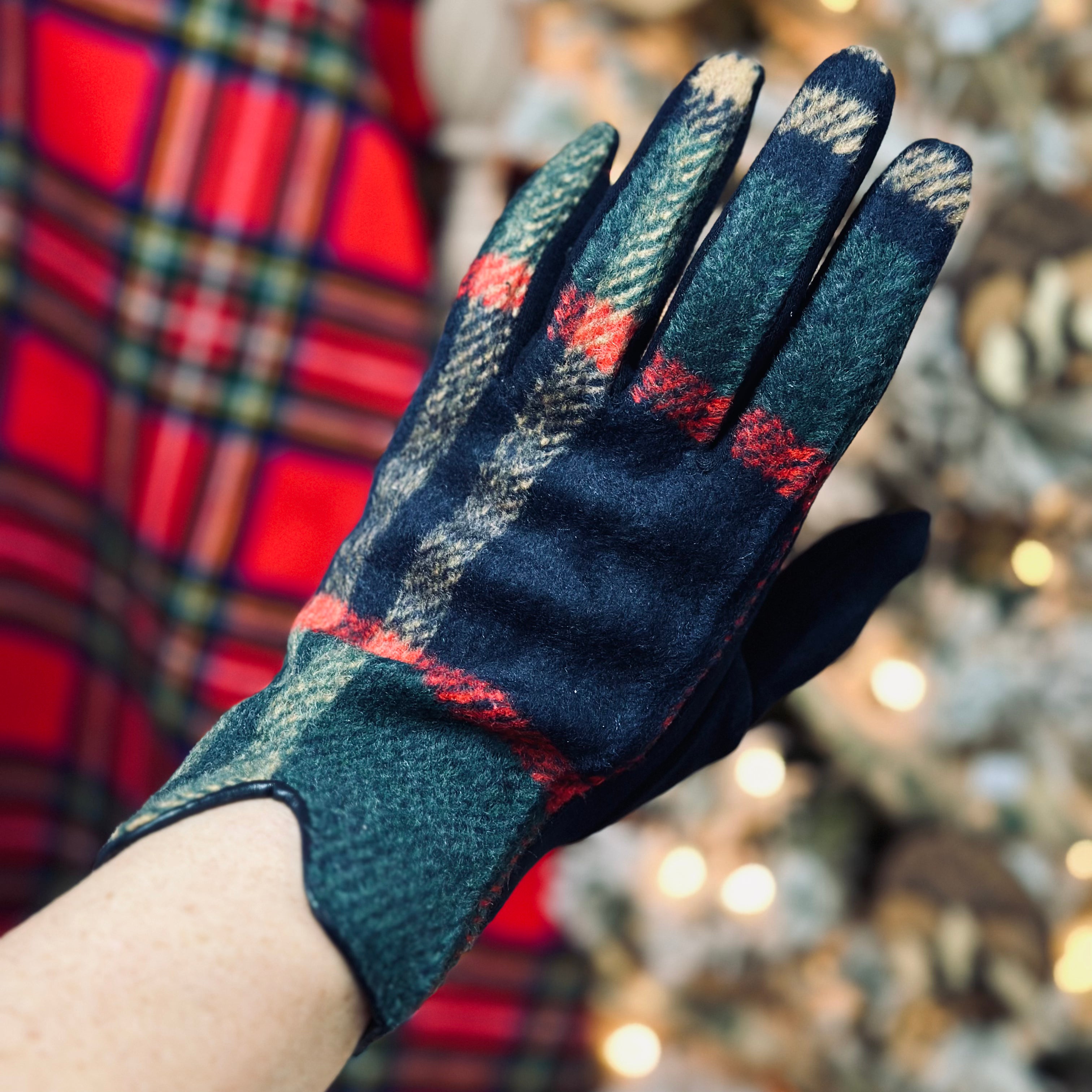 Hunter Green, Navy Blue, Red and Tan Plaid Touchscreen Gloves