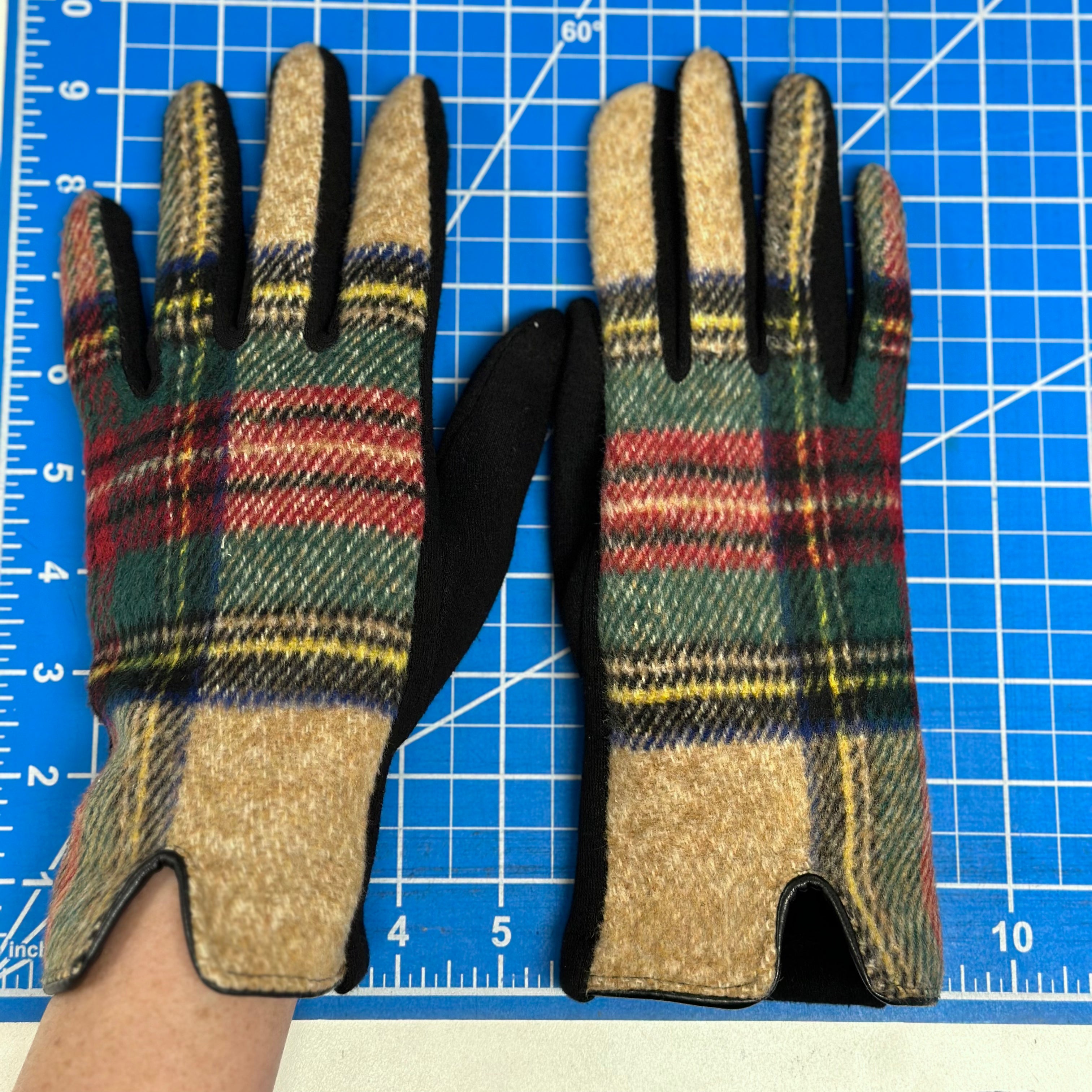 Tan, Red, Green, Yellow, Black Tartan Plaid Touchscreen Gloves
