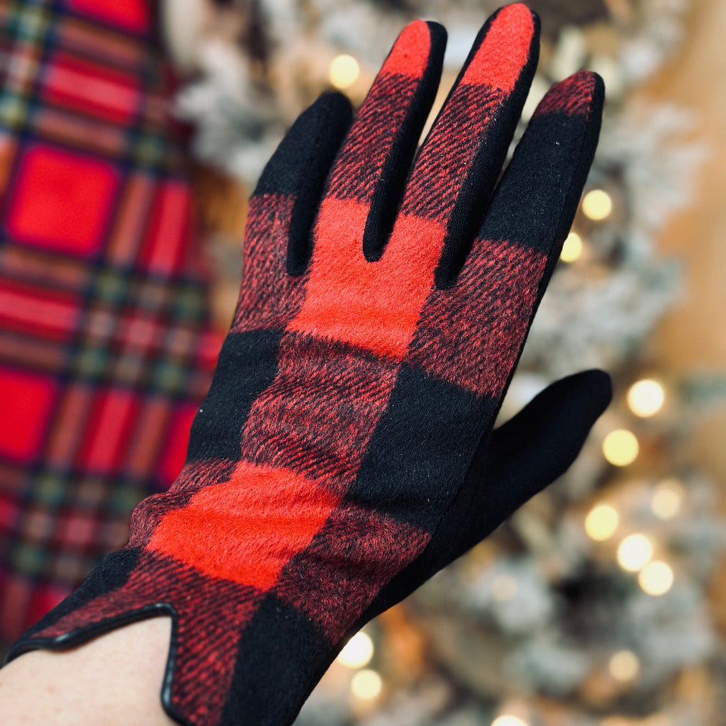 Red and Black Check Buffalo Plaid Touchscreen Gloves