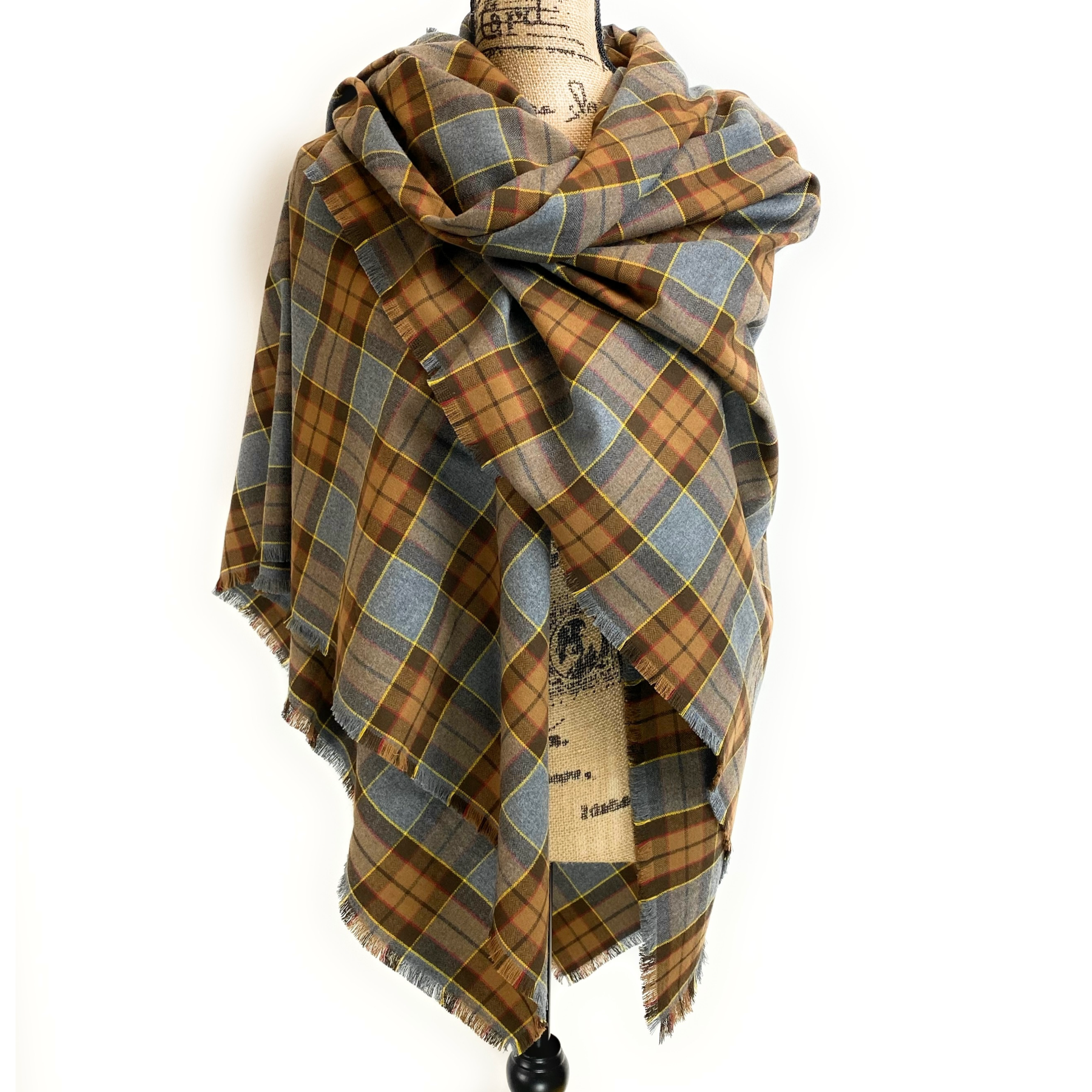Oversized Blanket Scarf/Earasaid - Outlander Clan Fraser Inspired Gray, Brown, Yellow, and Red Cotton Flannel
