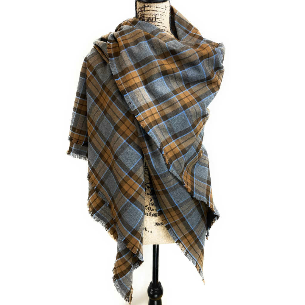 Oversized Blanket Scarf/Earasaid - Outlander Clan MacKenzie Inspired Gray, Brown and Light Blue Cotton Flannel