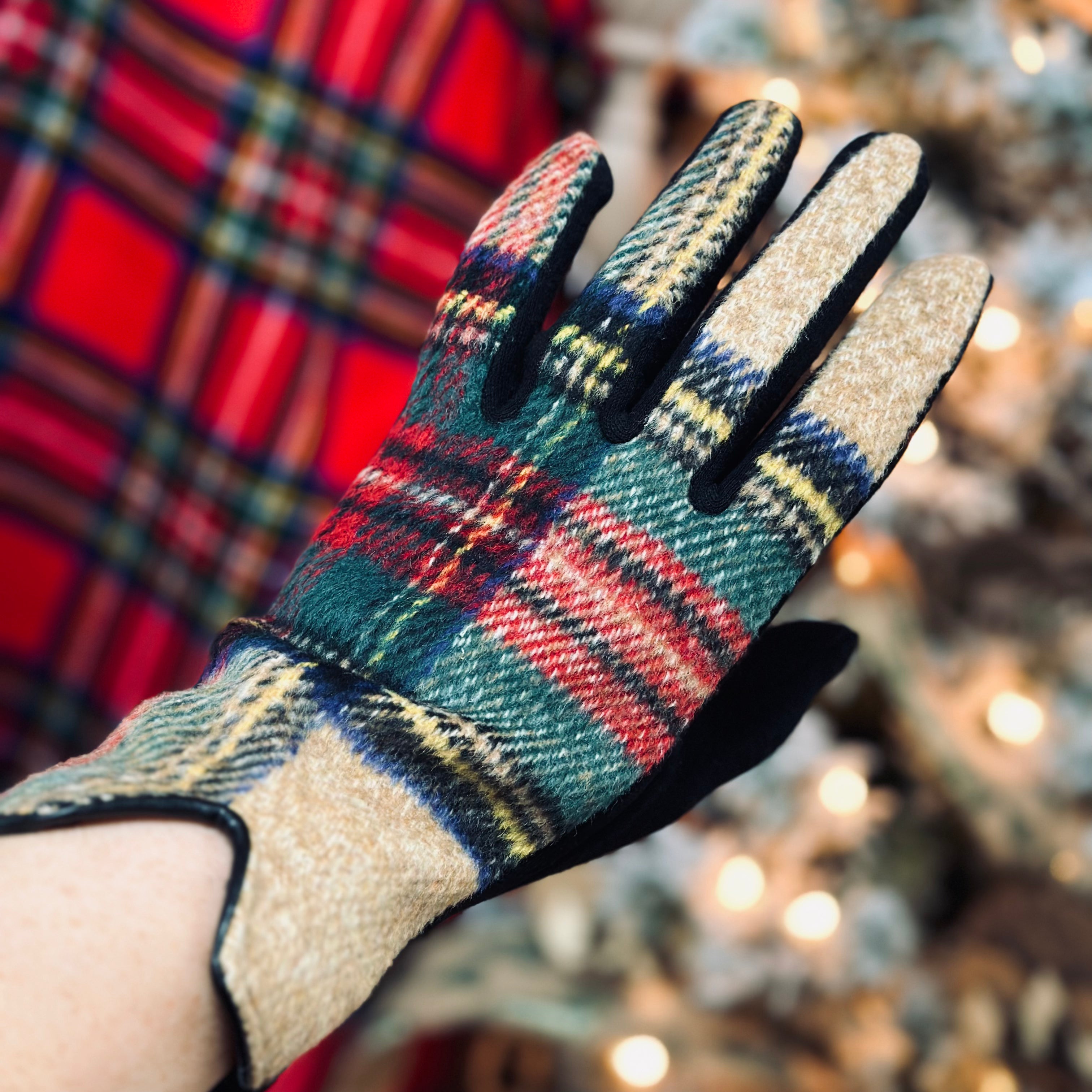 Tan, Red, Green, Yellow, Black Tartan Plaid Touchscreen Gloves