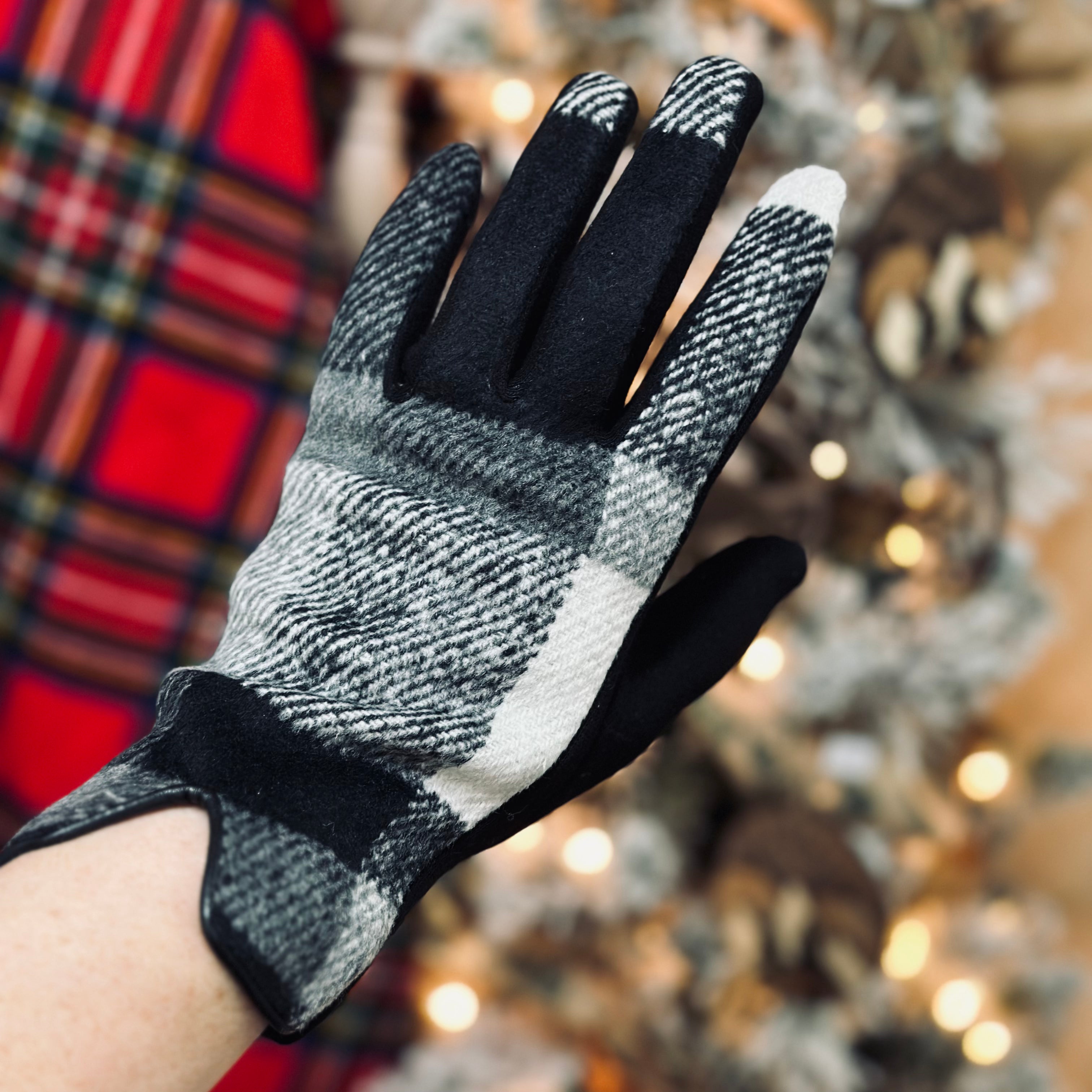 Black, White, and Gray Plaid Touchscreen Gloves